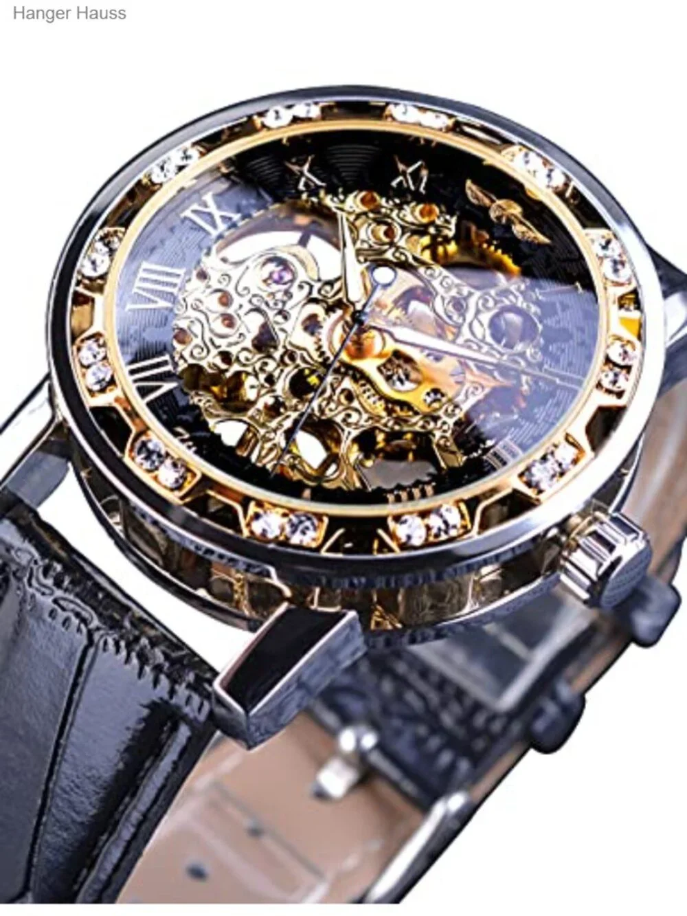 Men's Skeleton Mechanical Watch with Diamond Crystal Carving Flower Dial and